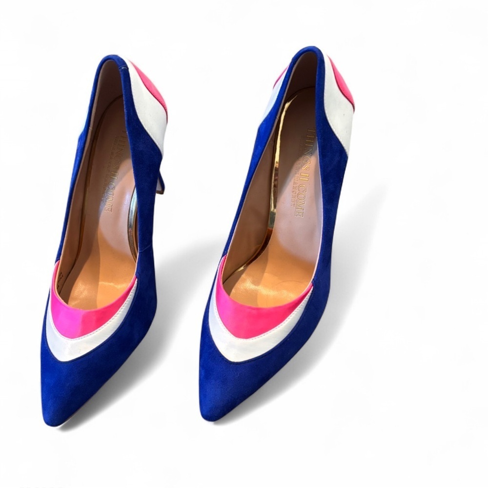 Things II Come NWOB Blue Pink White Color Block Suede Pumps 7.5